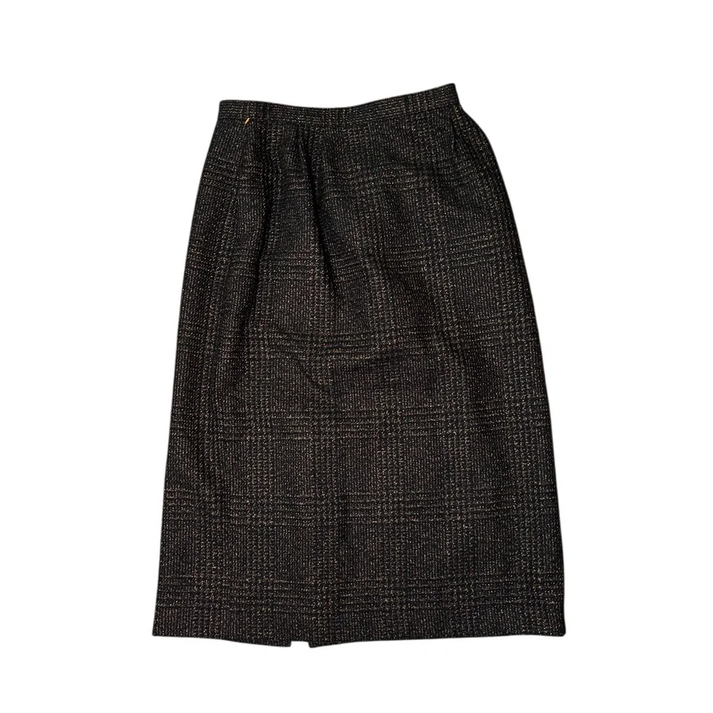 Vtg 80s 90s Kasper Wool Blend Skirt Metallic Tweed High Waist Midi Black Gold 10